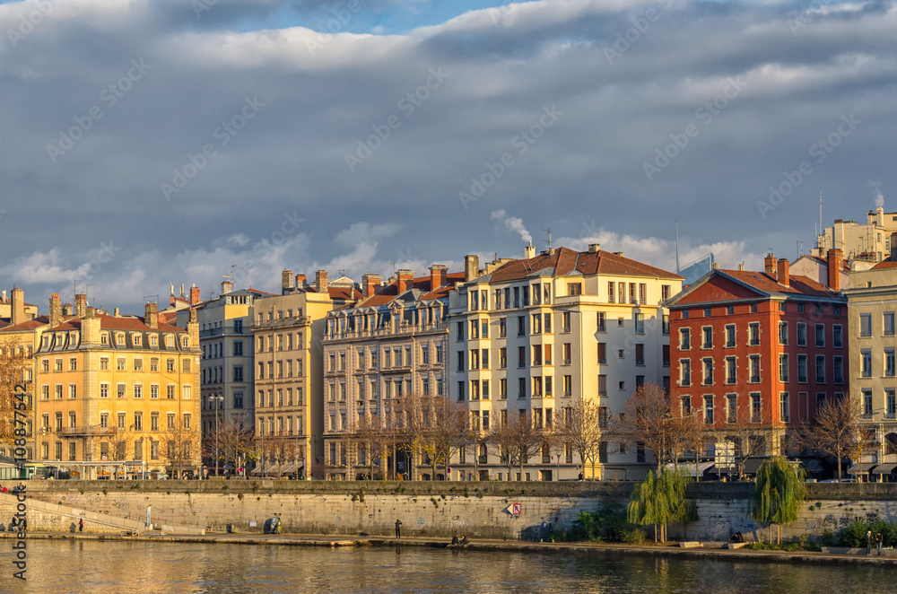Colorful buildings along the river Saone in Lyon, France