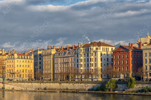 Colorful buildings along the river Saone in Lyon, France