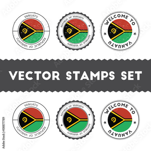 Ni-Vanuatu flag rubber stamps set. National flags grunge stamps. Country round badges collection.