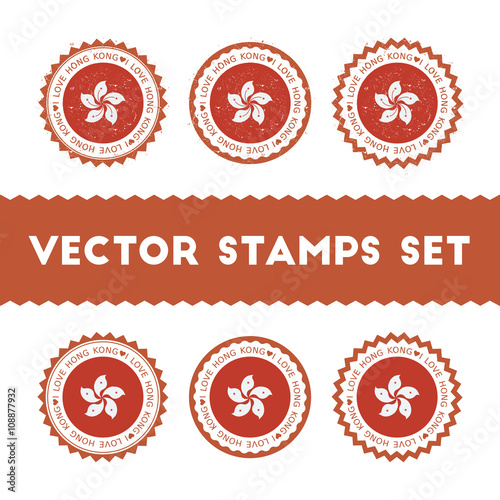 I Love Hong Kong vector stamps set. Retro patriotic country flag badges. National flags vintage round signs.