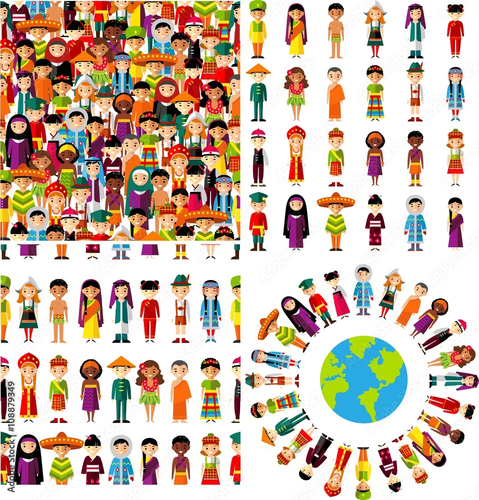 Seamless background with set of multicultural national children. Stock ...