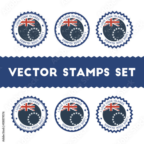 I Love Cook Islands vector stamps set. Retro patriotic country flag badges. National flags vintage round signs.