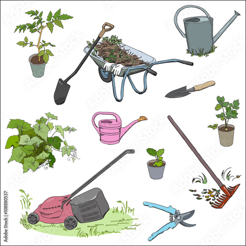 Set of garden tools and equipment, color sketck style. Rake, lawnmower, secateurs, wheelbarrow, water cans, potted plants. Vector illustration.
