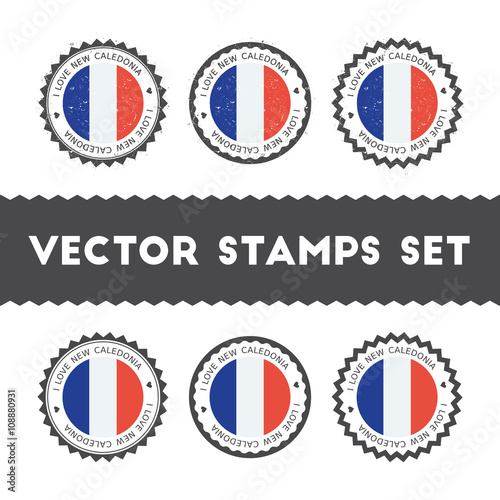 I Love New Caledonia vector stamps set. Retro patriotic country flag badges. National flags vintage round signs.