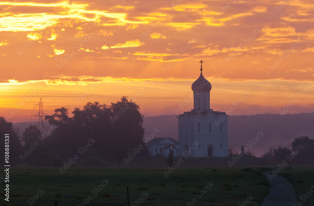 Beautiful sunrise over Church of the Intercession of the Holy Virgin on Nerl River, Bogolyubovo, Russia
