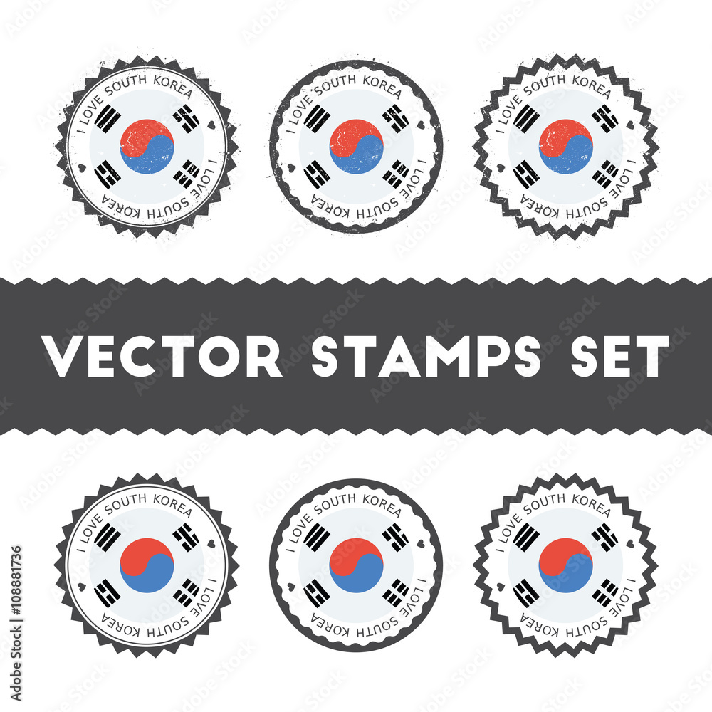 Obraz premium I Love Korea, Republic of vector stamps set. Retro patriotic country flag badges. National flags vintage round signs.