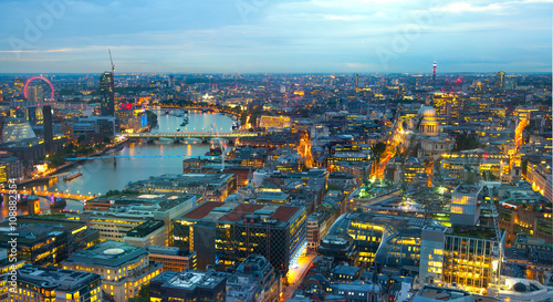 London at sunset.  River Thames  bridges and night lights City of London