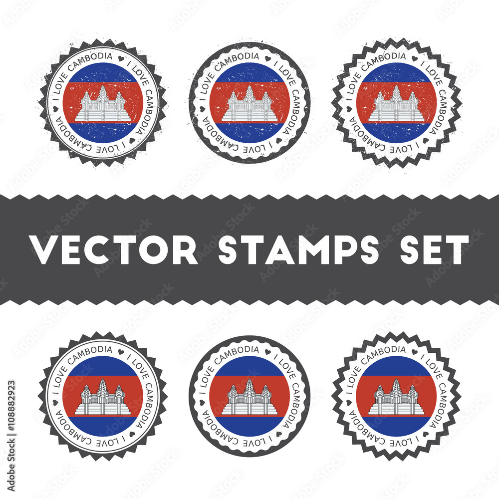 I Love Cambodia vector stamps set. Retro patriotic country flag badges. National flags vintage round signs.