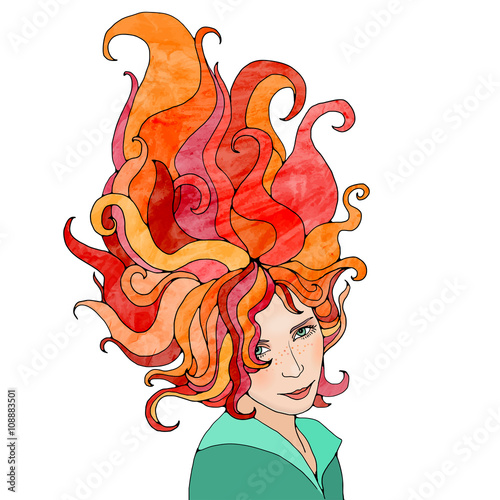 Portrait of young beautiful girl with long red hair. Wearing red dress. Vector illustration on dark textured watercolor background.