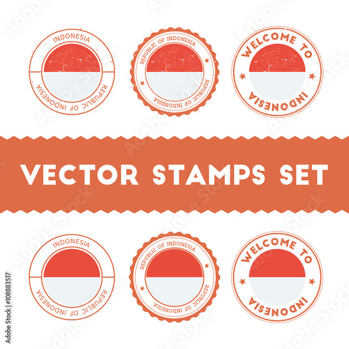 Indonesian flag rubber stamps set. National flags grunge stamps. Country round badges collection.