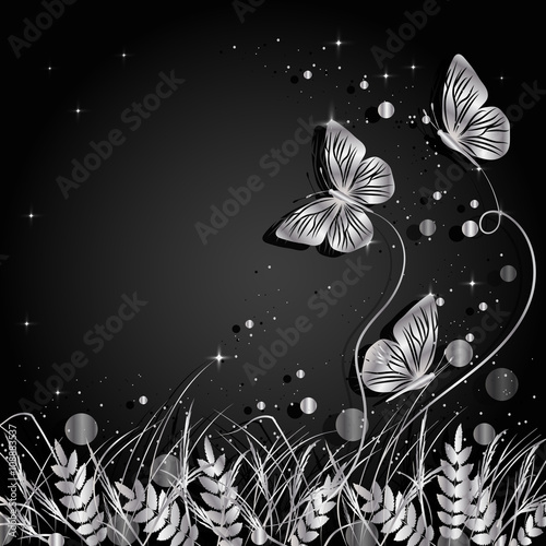 Grass and butterflies silhouettes background. 