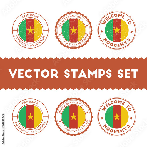 Cameroonian flag rubber stamps set. National flags grunge stamps. Country round badges collection.