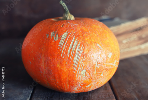 whole pumpkin on old wooden book
