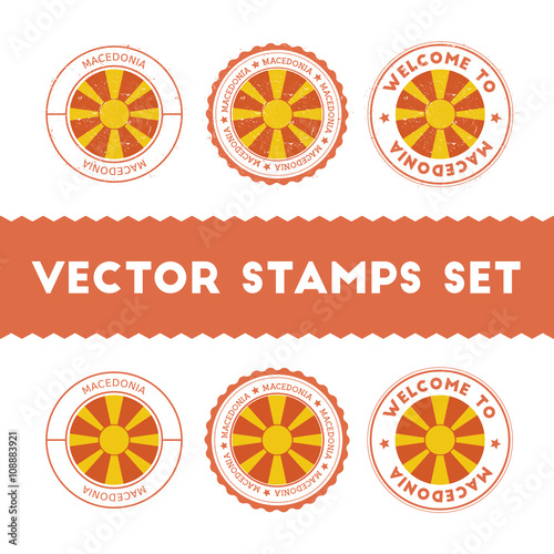 Macedonian flag rubber stamps set. National flags grunge stamps. Country round badges collection.