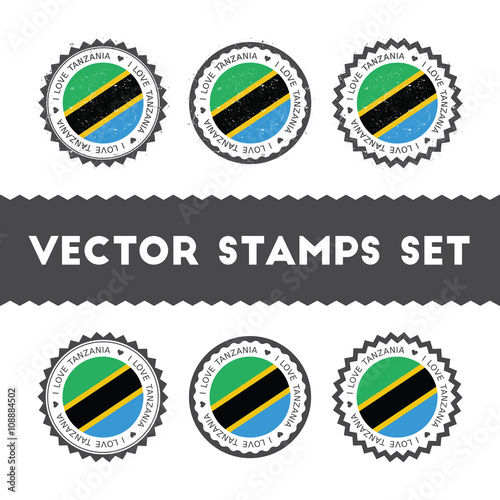 I Love Tanzania, United Republic of vector stamps set. Retro patriotic country flag badges. National flags vintage round signs.