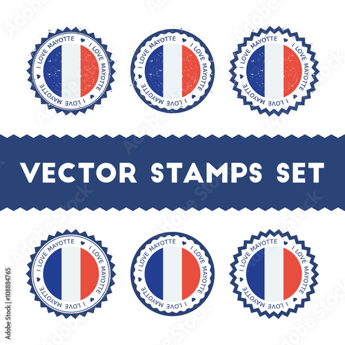 I Love Mayotte vector stamps set. Retro patriotic country flag badges. National flags vintage round signs.