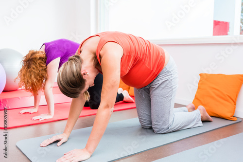 Zwei Schwangere lächelnd nebeneinander im Vierfüßlerstand beim Schwangerenyoga auf Gymnastikmatte photo