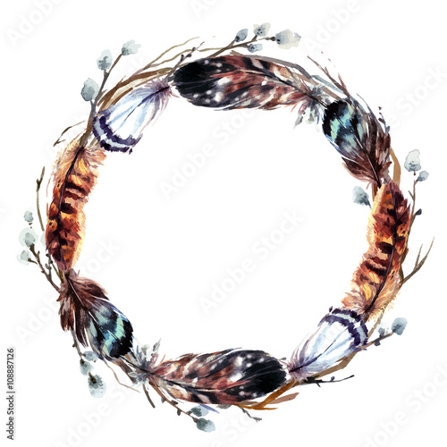 Watercolor wreath in boho style.