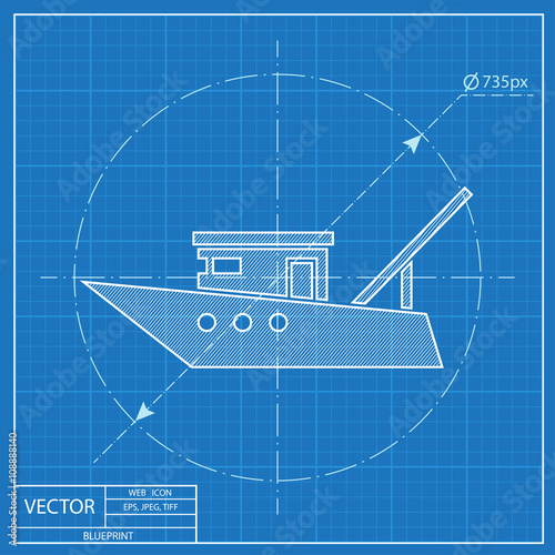 Motor fishing boat sign, vector icon. Blueprint style