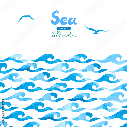 Watercolor sea background. Abstract blue painting waves isolated on white. Hand drawn vector illustration of ocean for your design.  © Afanasia