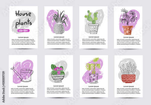 House plants in pots. Set of watercolor cards templates with flowers. Vector illustrations. 