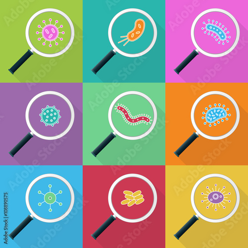 Germs and magnifying glass icon Set - vector illustration
