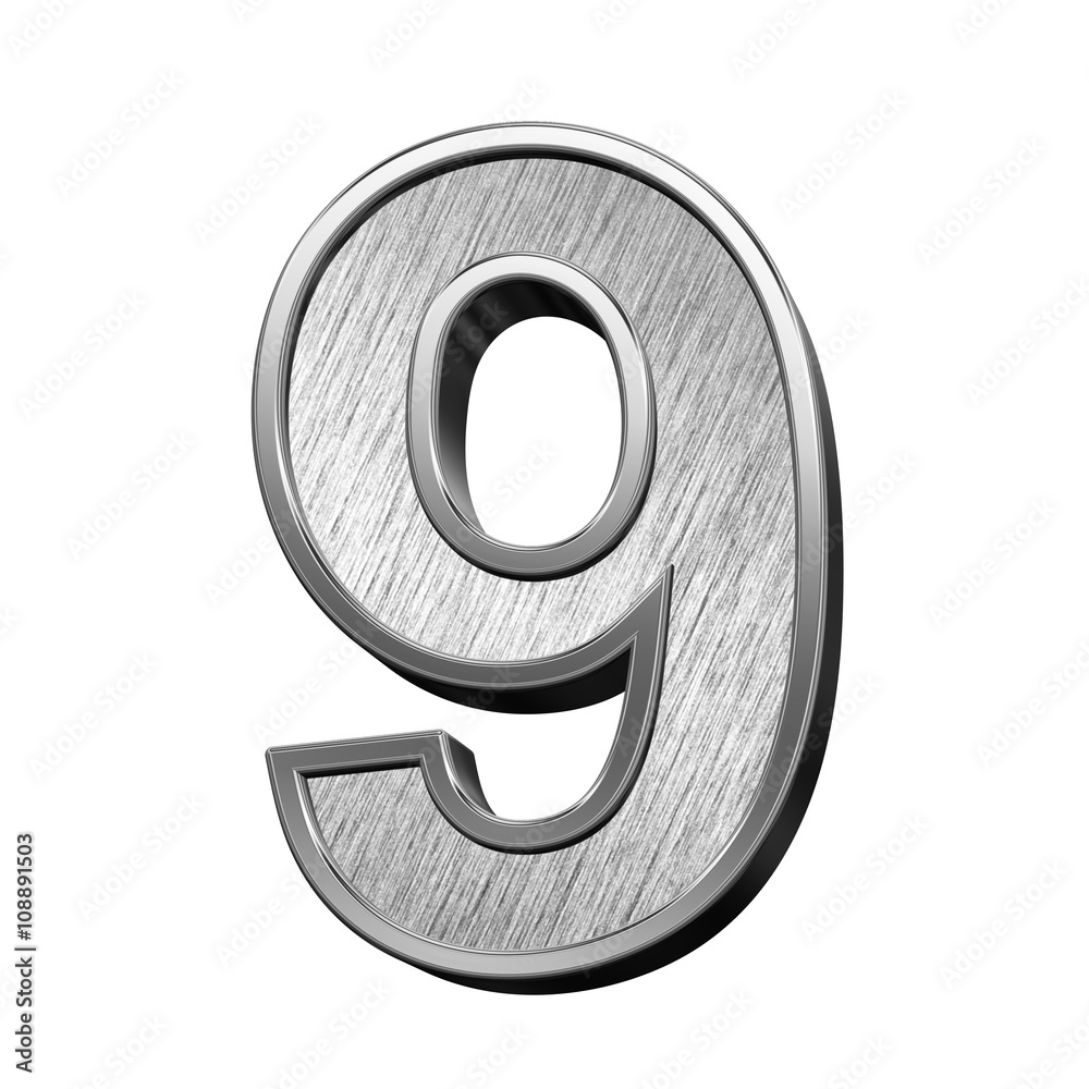 One digit from brushed stainless steel alphabet set, isolated on white. 3D illustration. One digit from brushed stainless steel alphabet set, isolated on white. 3D illustration.