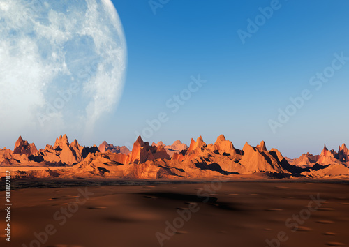 Fototapeta Naklejka Na Ścianę i Meble -  3D illustration of mountain landscape with big moon