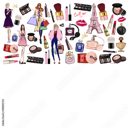 Hand drawn set with cosmetics and accessories