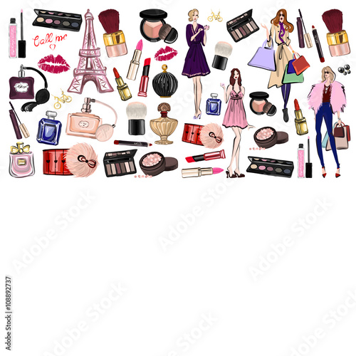 Hand drawn set with cosmetics and accessories