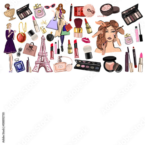 Hand drawn set with cosmetics and accessories