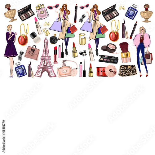 Hand drawn set with cosmetics and accessories