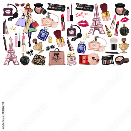 Hand drawn set with cosmetics and accessories
