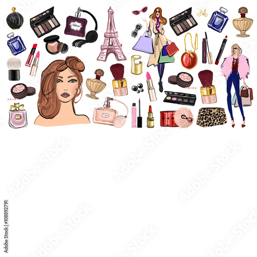 Hand drawn set with cosmetics and accessories