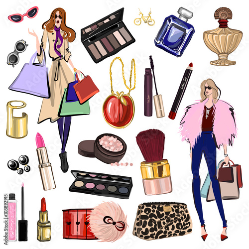Hand drawn set with cosmetics and accessories