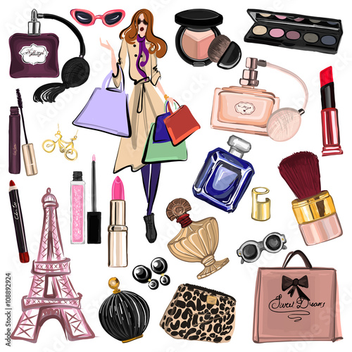 Hand drawn set with cosmetics and accessories