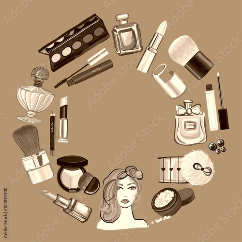 Hand drawn set with cosmetics and accessories 