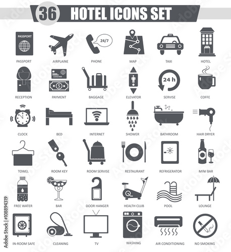 Vector Hotel black icon set. Dark grey classic icon design for web.