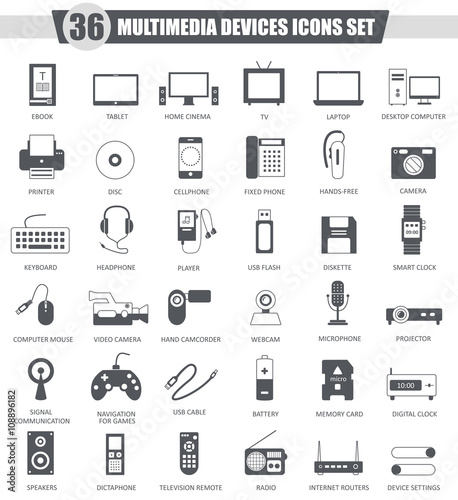 Vector Multimedia devices black icon set. Dark grey classic icon design for web.