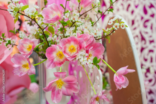 Collage collection of pink wedding details from ceremony and reception