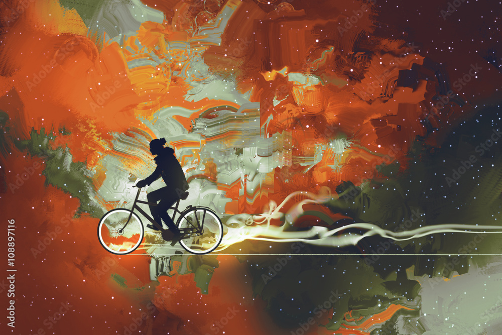 Fototapeta Sylwetki mężczyzna na bicyklu w wszechświacie wypełniali, ilustracyjna sztuka