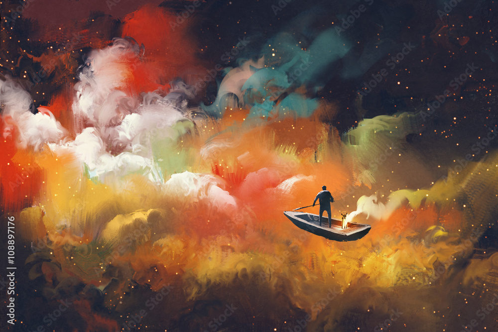 Fototapeta mężczyzna na łodzi w kosmosie z kolorową chmurą, ilustracja