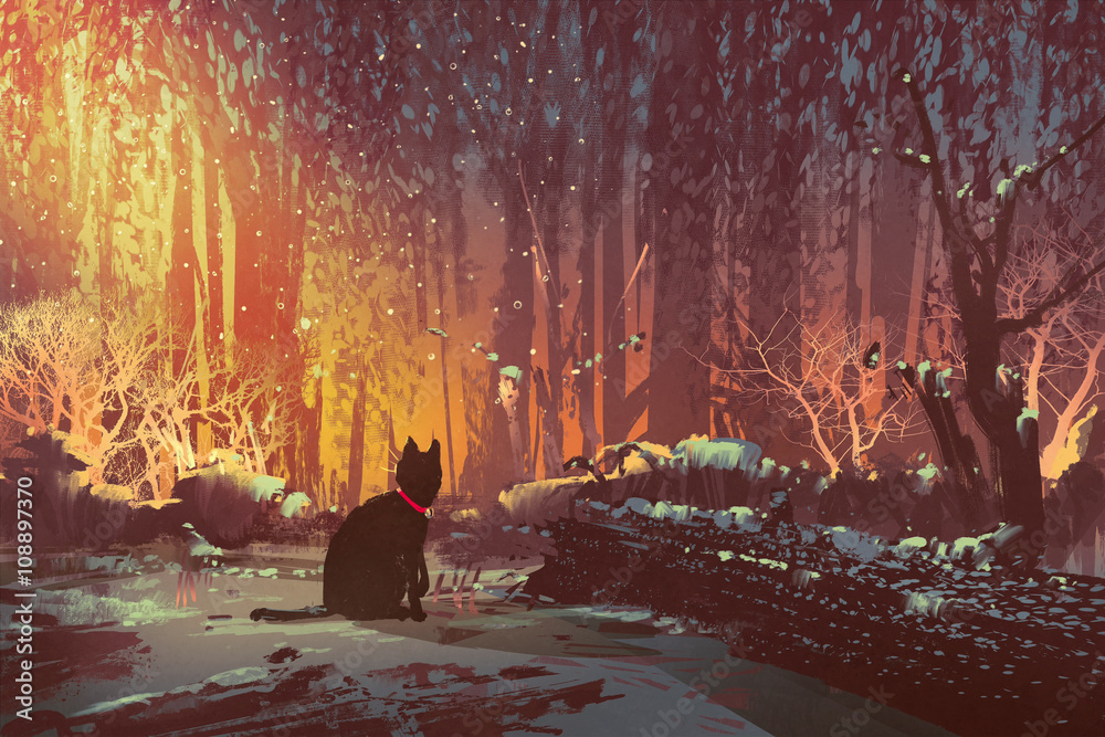 Fototapeta premium lost cat in the forest with mystic light,illustration painting