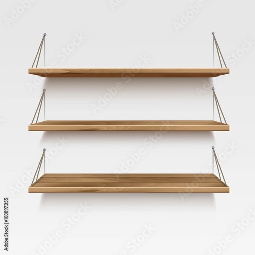 Fotótapéta Vector Empty Wooden Wood Shelf Shelves Isolated on Wall Background