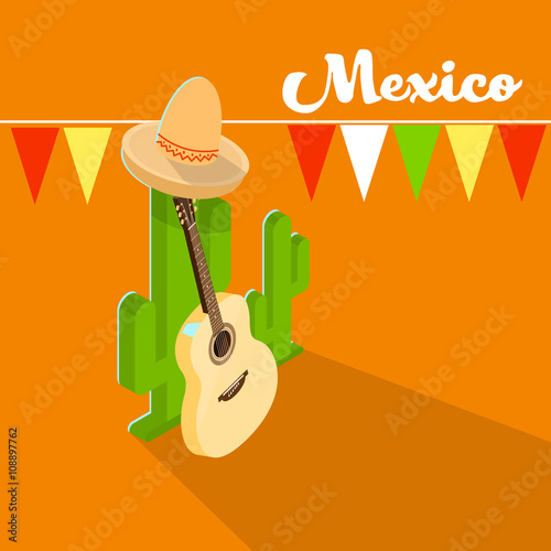Mexican Traditional Hat Sombrero Guitar Mexico Cactus