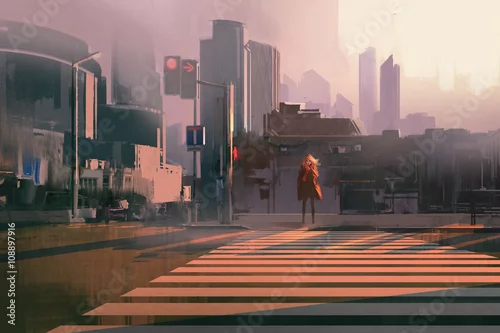 Obraz samotna kobieta stojąca na miejskim przejściu dla pieszych, malarstwo ilustracyjne