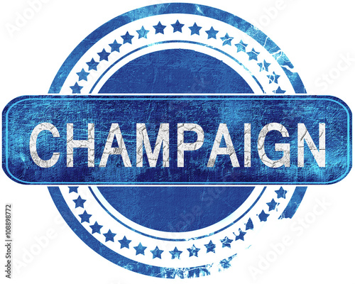 Fotografie champaign grunge blue stamp. Isolated on white.