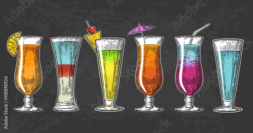 Alcohol cocktail set. Vintage vector engraving illustration for web, poster, menu, invitation to summer beach party. Isolated on dark background.