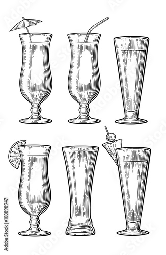 Alcohol cocktail set. Vintage vector engraving illustration for web, poster, menu, invitation to summer beach party. Isolated on dark background.