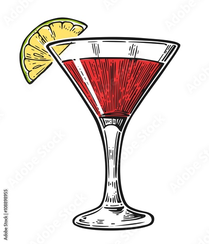Alcohol cocktail cosmopolitan. Vintage vector engraving illustration for web, poster, menu, invitation to summer beach party. Isolated black on white background.
